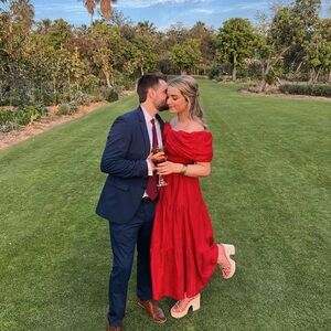 Sea New York Red Linen Off Shoulder Midi Dress